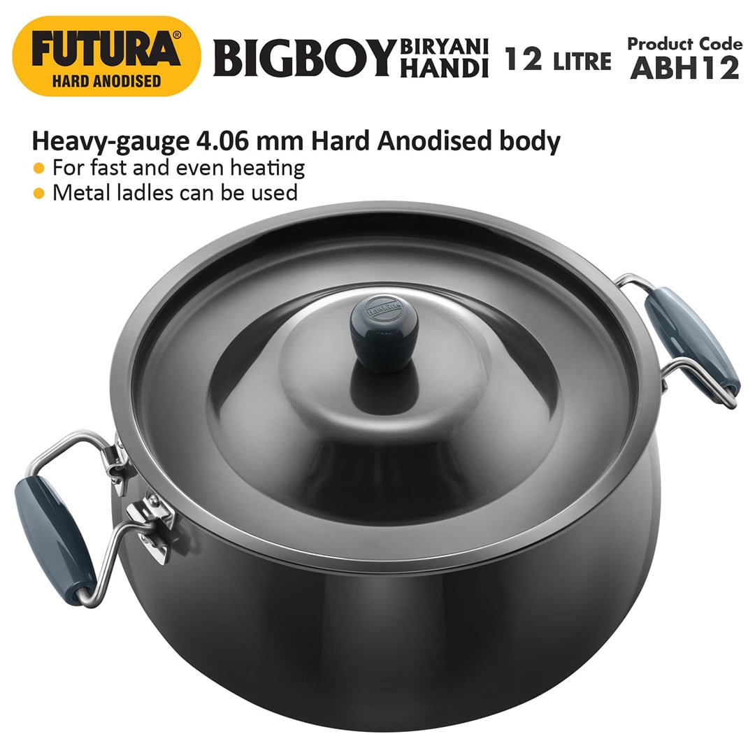 Picture of Hawkins Futura 12 Litre Bigboy Biryani Handi, Polished Hard Anodised Pot with Hard Anodised Lid, Sauce Pan for Cooking and Serving Biriyani